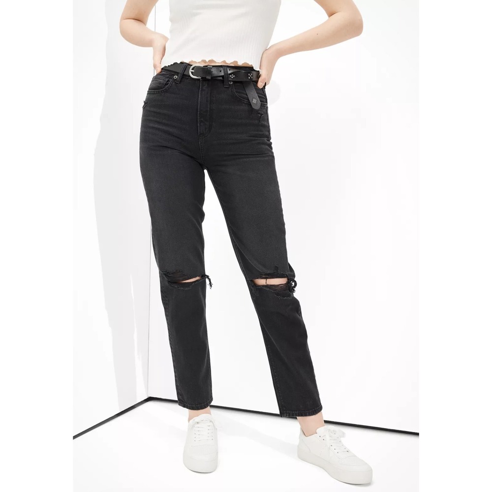 American Eagle Mom Straight Jean Washed Black Denim High Rise Size 2 Regular